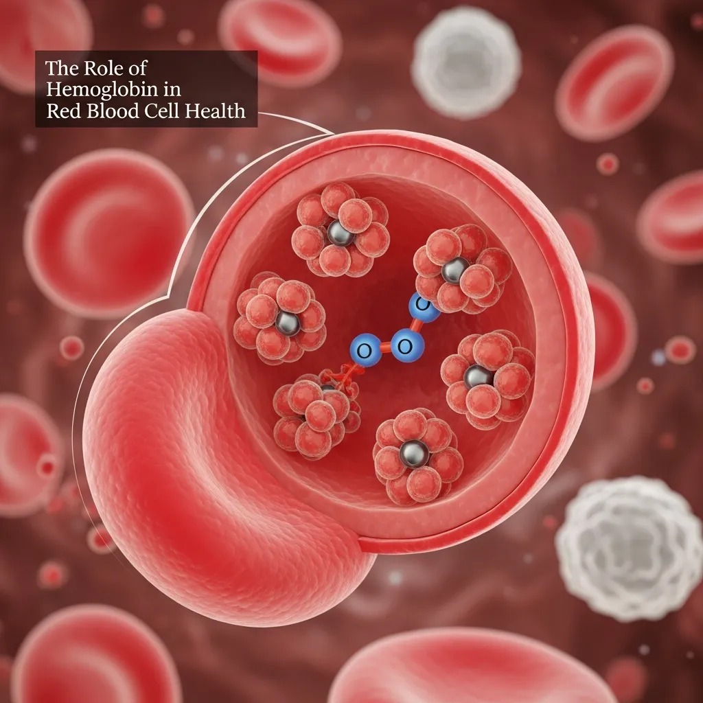 Hemoglobin transporting oxygen in red blood cells