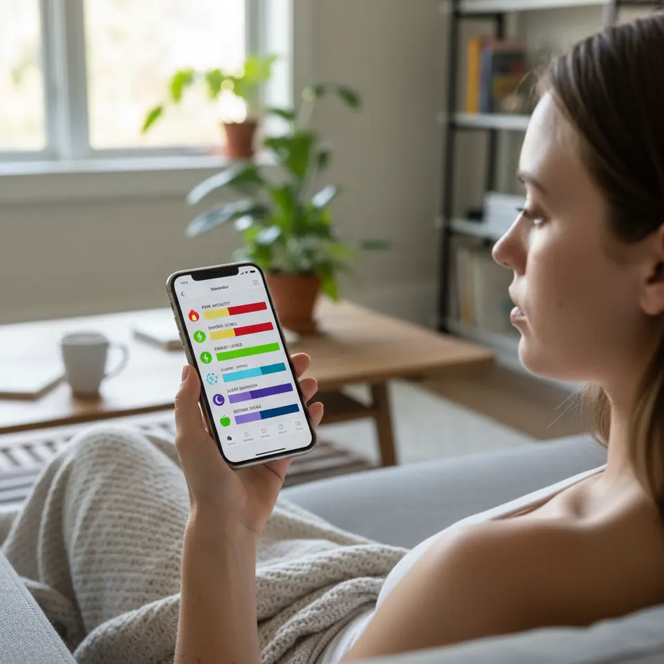 Close-up of a digital symptom-tracking interface on a smartphone or tablet, showing color-coded charts for pain intensity, energy levels, sleep duration, and dietary intake with intuitive icons to highlight patterns over time