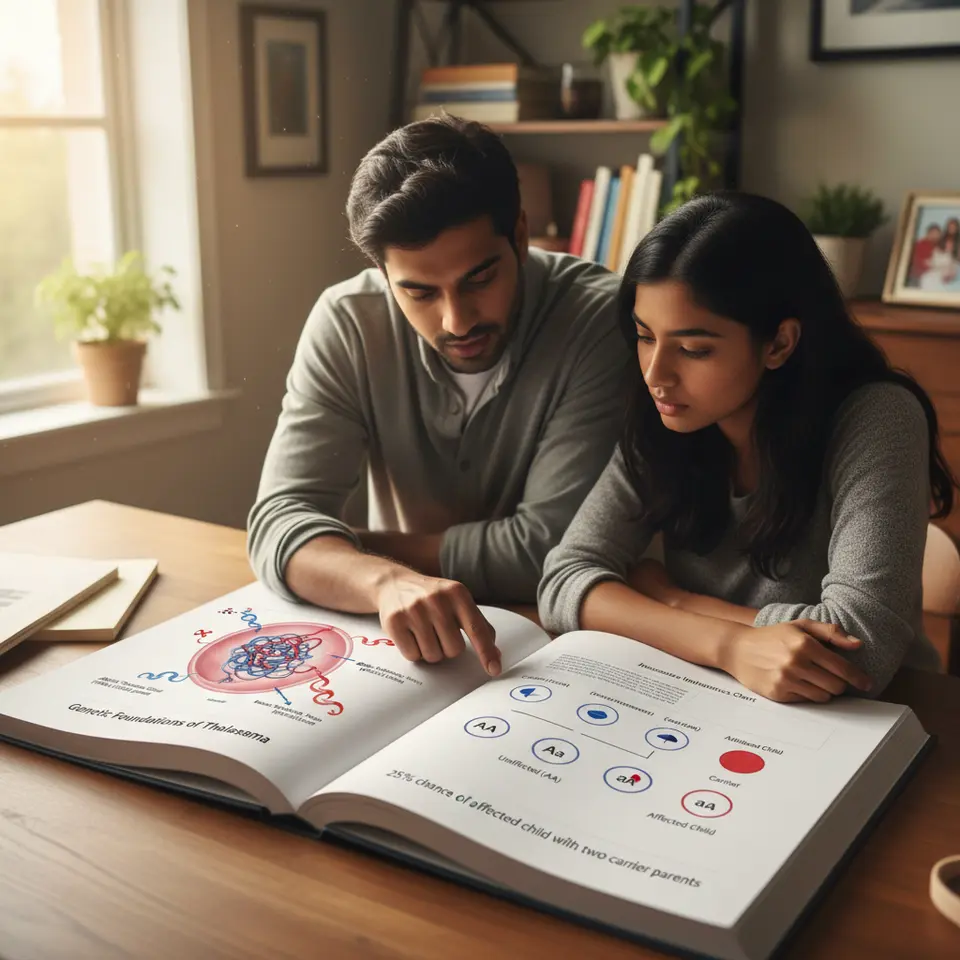 Genetic Foundations of Thalassemia: a detailed diagram showing a red blood cell’s hemoglobin structure with two alpha and two beta chains, gene icons marking HBA1/HBA2 and HBB mutations, alongside an autosomal recessive inheritance chart with carrier parents and an affected child